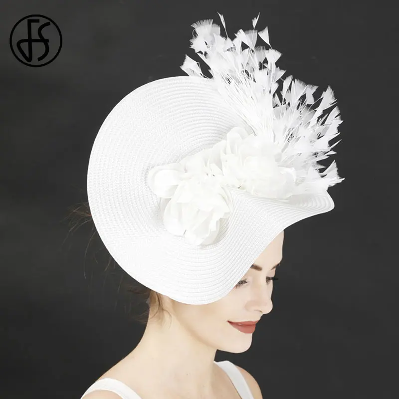 FS Imitation Straw Big Derby Fascinator Hat For Wedding Women White Flower Headpiece Headband Fancy Feather Race Hair Accessorie