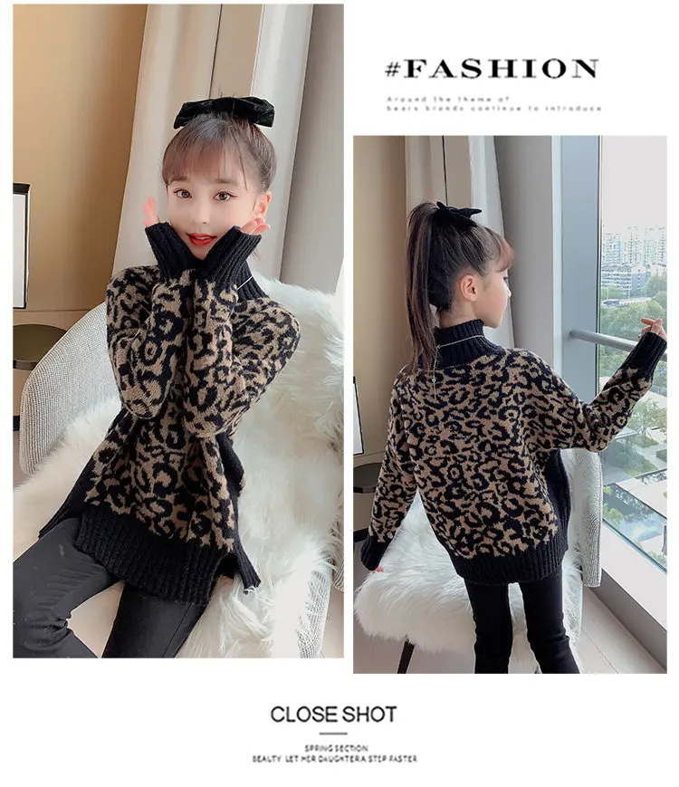Baby-Mädchen Leopardenmuster Rollkragenpullover Neuer Herbst-Winter Koreanischer Stil Lockerer Strickpullover Oberteil für Kinder 6 8 10 12 13 Jahre – Detail 8