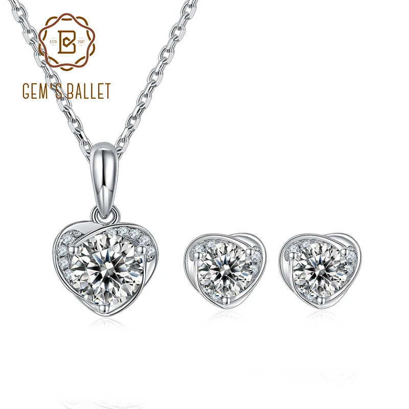 

GEM'S BALLET 925 Sterling Silver Moissanite Jewelry Set For Women Wedding Moissanite Diamond Heart Pendant Necklace Earrings Set