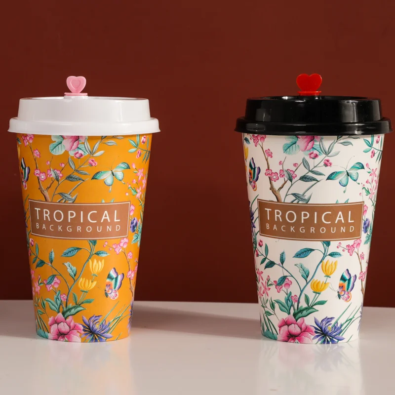 50pcs High quality creative disposable paper cups 500ml 16oz milk tea juice coffee drink cups brthday party favors cup with lid