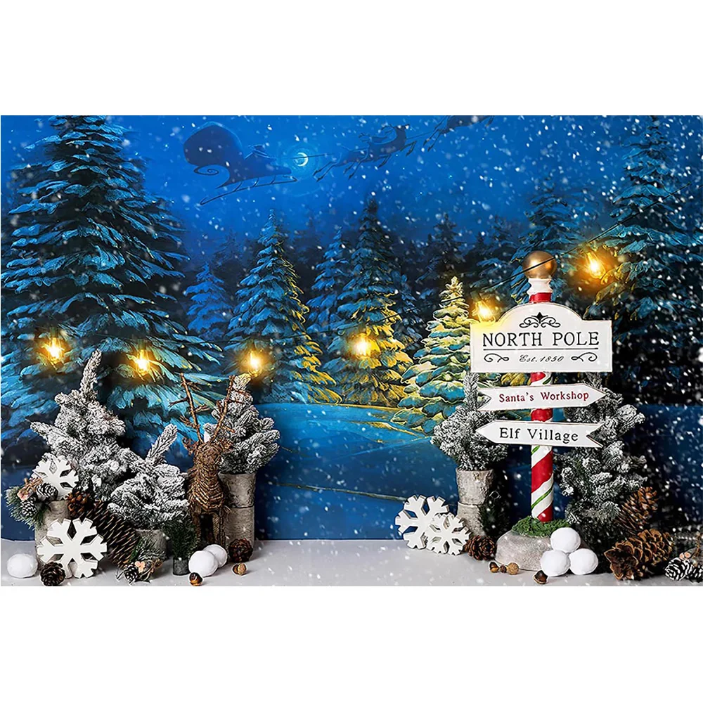 Fondo de fotografía de noche de nieve de Navidad fondo de fotografía de cumpleaños de invierno de Navidad Pino ensueño Santa trineo luz accesorios para sesión fotográfica