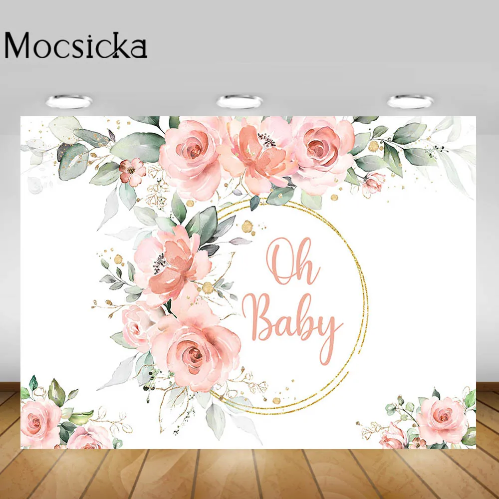 Mocsicka Oh Baby Backdrop Girl Baby Shower Party Photo Background Decoration PhotoStudio Photography Props Pink Flower Gold Ring