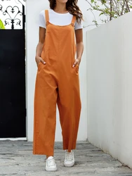 Mulher sem mangas bib dungarees macacões verão casual solto sólido macacão para feminino cinta de espaguete perna larga macacão