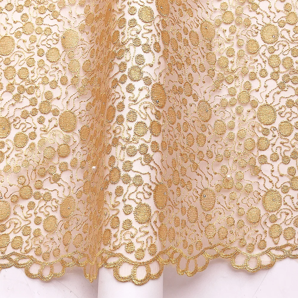 Embroidered 2024 White Gold Nigerian Lace Fabrics Swiss Guipure Tulle French Lace Fabric 5 Yards Mesh Cord African Lace Fabric