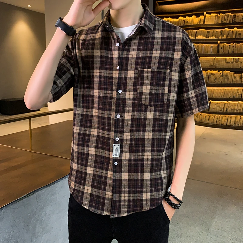 Branded Men\'s clothing Plaid Shirt 2021 New Spring Summer Men Casual Shirts Short Sleeve  Male Check Shirts for men Korean Shirt