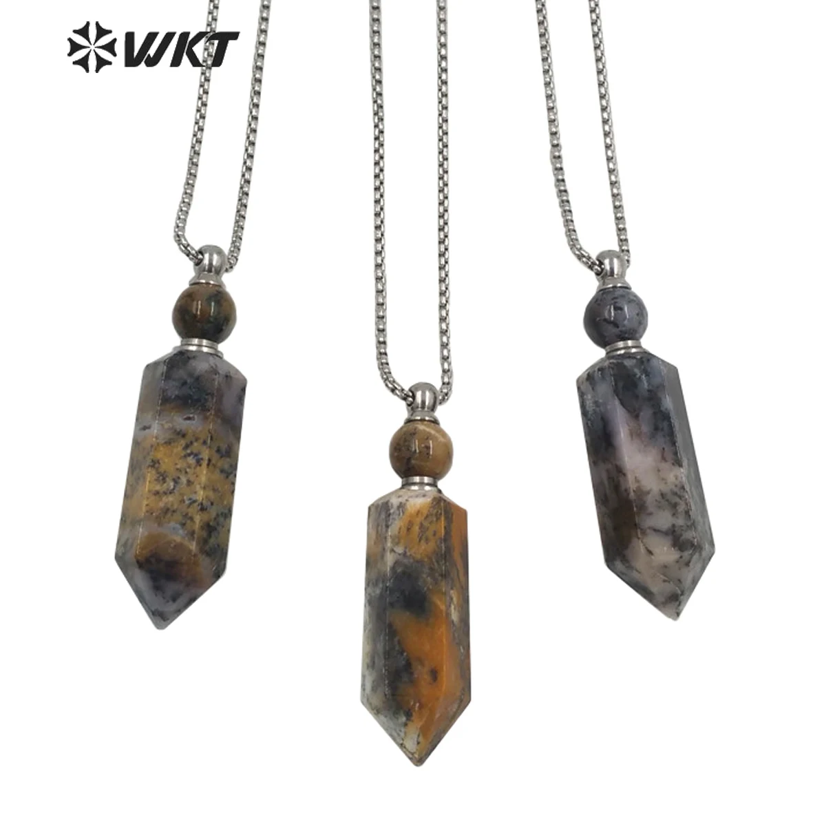 

WT-N1270 WKT Raw Stone Energy Stone Perfume Necklace Natural Moss A-Gate Stone Essential Oil Bottle Necklace For Women Gift