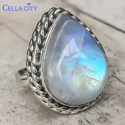 Cellacity Classic Silver  Jewelry Rings for Women Large Gemstones Water Drop Shaped Moonstone Trendy Punk Style Accessory