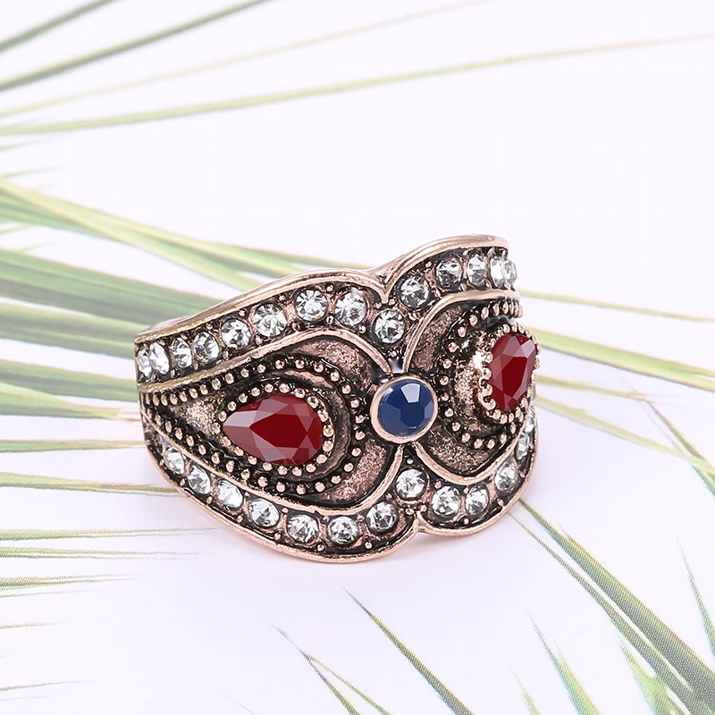 Kinel Fashion Women Ring Antique Gold Red Stone Crystal Flower Big Rings Vintage Wedding Jewelry Drop Shipping