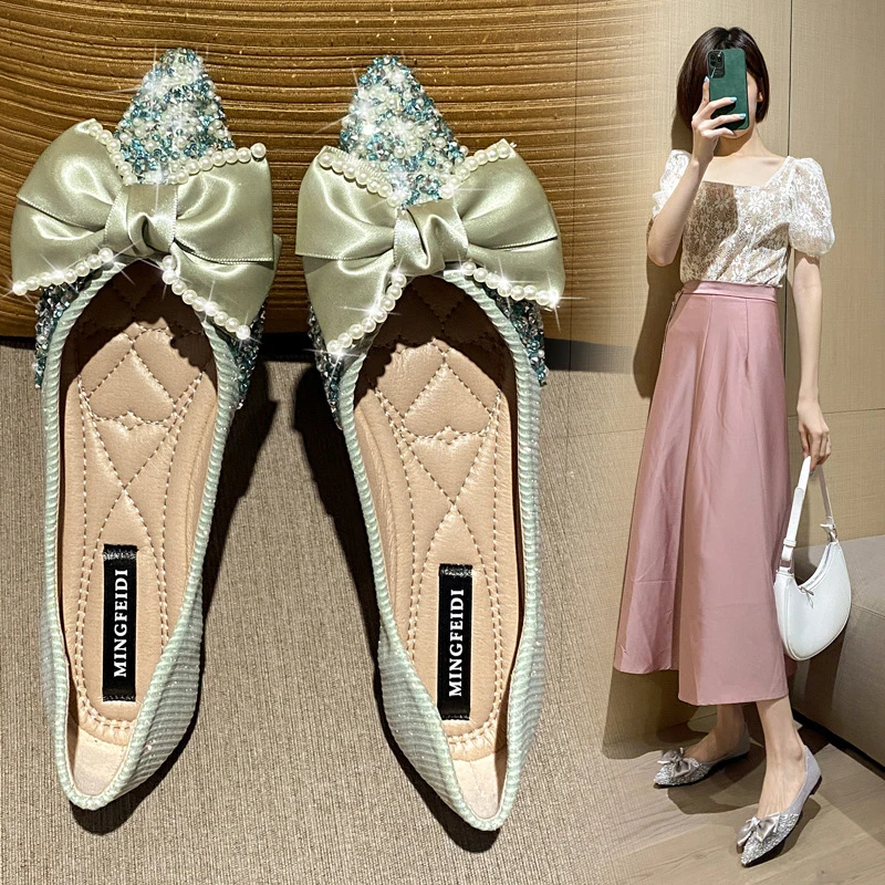 Glitter Bow Flats Women Spring Large Size 42/43 Shoes Female Sequins Beaded Ballerina Loafers Women Lace-Bowknot Moccasins