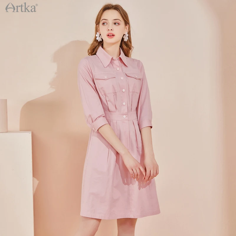 ARTKA 2021 Summer New Women Dress Fashion Turn-down Collar Loose Shirt Dress Casual OL Style Elastic High Waist Dresses LA25218C