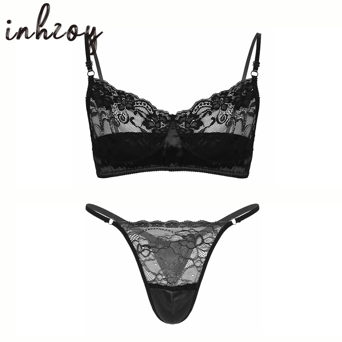 Men sissy Lace Lingerie Set Erotic Patchwork Bra Top with G-string Thong Sexy Nightwear Underwear Sets