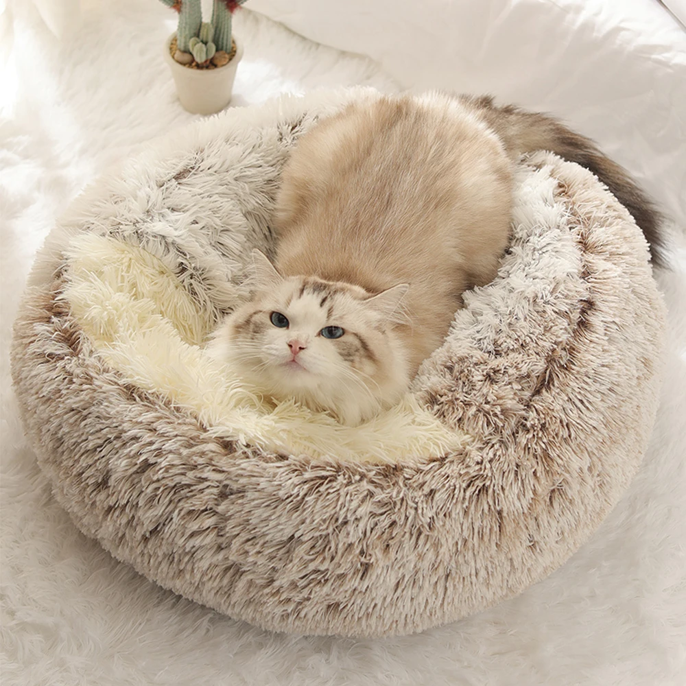 Round Plush Cat Bed Deep Sleep Bed For Cats Winter Warm Dog House Cushion Luxury Long Plush Kitten  Puppy Sleeping Sofa Nest