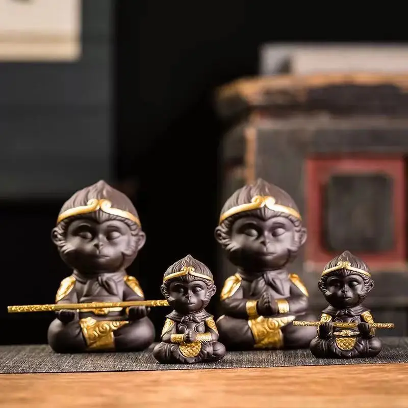 Chinese Tea Purple Clay Tea Set Monkey King Tea Pet For Home Car Tea Tray DecorationTea Tray Sun Wukong Statues Sculptures - Image 5