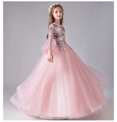 Appliques Pink Tulle Flower Girl Dress For Wedding Party Dress Flare Sleeve Princess Birthday Prom Gown First Communion Dresses