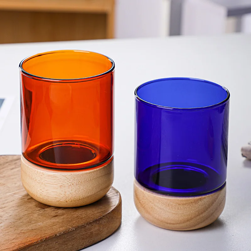 

New 280ml High Borosilicate Glass Coffee Cup with Creative Anti-Scalding Wood Base Nordic Amber Blue Beer Vodka Cups Drinkware