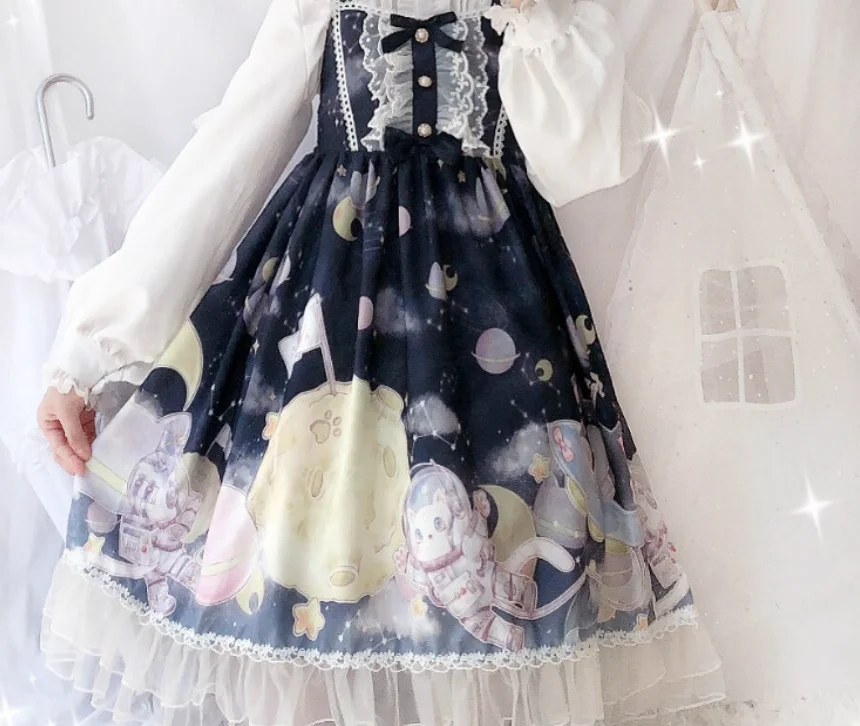 Lolita kleid vintage falbala bowknot nette druck hohe taille prinzessin viktorianischen strap kleid kawaii mädchen gothic lolita cos loli