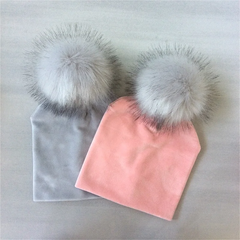 Autumn Winter Kids Girls Solid Velvet Hat With Pompon Baby Beanie Pompom Cap Children\'s Accessories