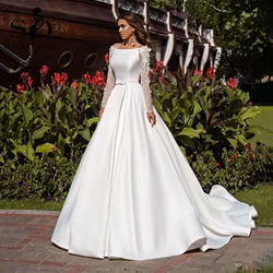 SoDigne Country Long Sleeves Wedding Dresses Satin Open Back A-Line Dubai Wedding Gown With Belt Women Long Bridal Dress