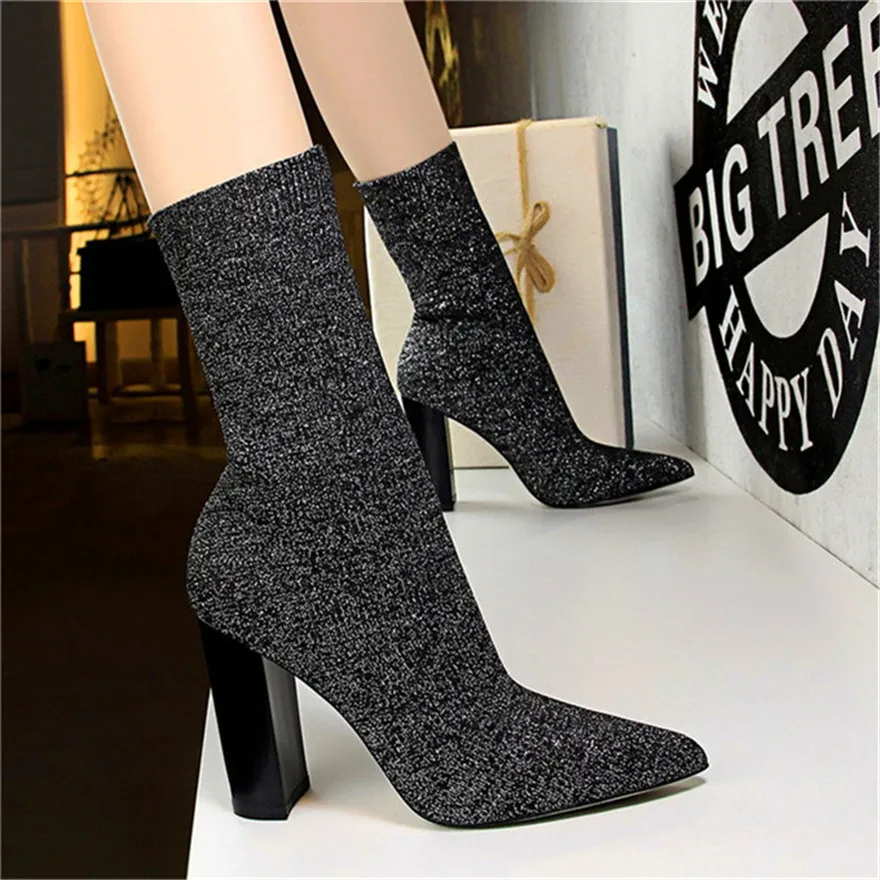 34-43 Sexy Sock Boots Knitting Stretch Square High Heel For Women Pointed Toe Shoes 2024 Autumn Fashion Dress Woman Boats Silver