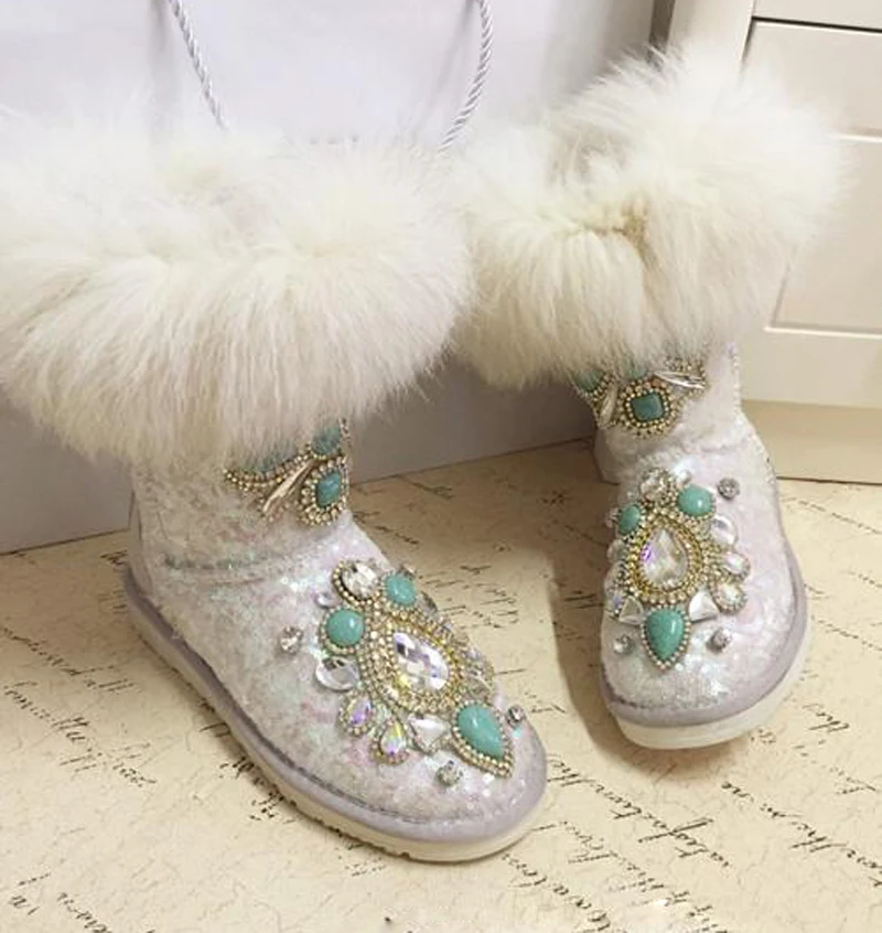 

Luxury Fox Fur Diamonds Turquoise Stone Embellished Snow Boots Plush Warm Winter Boots Ladies Bling Bling Sequins Mid-Calf Boots