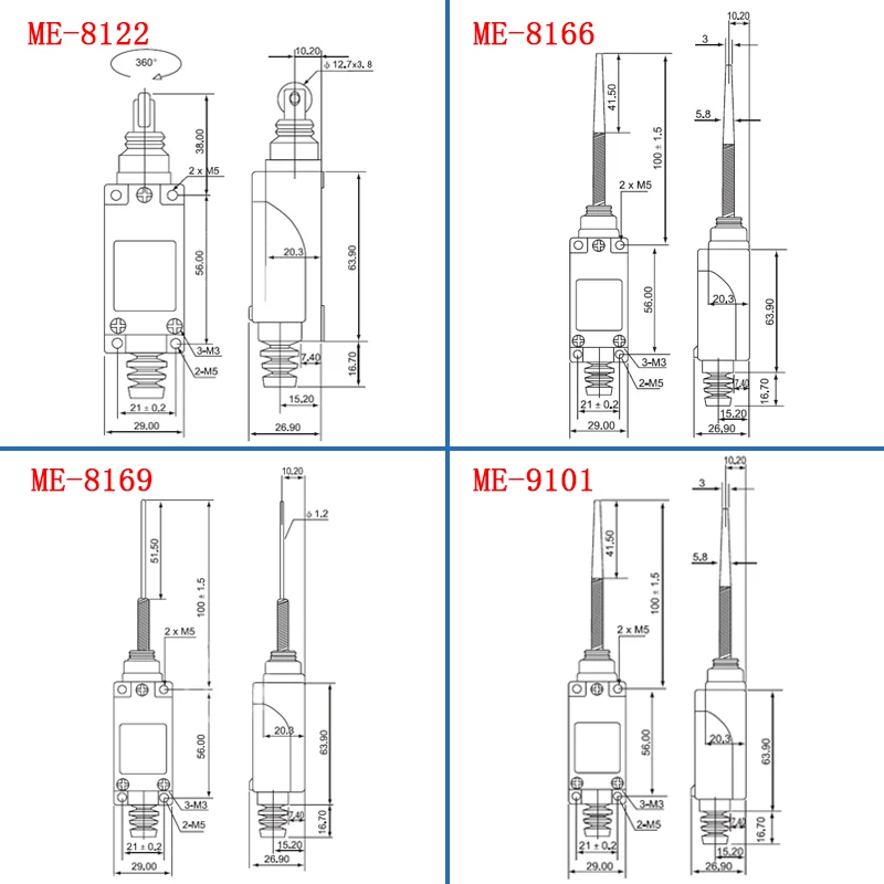 ME-8108 Mini Limit Switch Rotary Adjustable Roller Switch AC 250V 5A/DC125V 0.4A NO NC 8104 8107 8111 8112 8122 8166 8169 9101