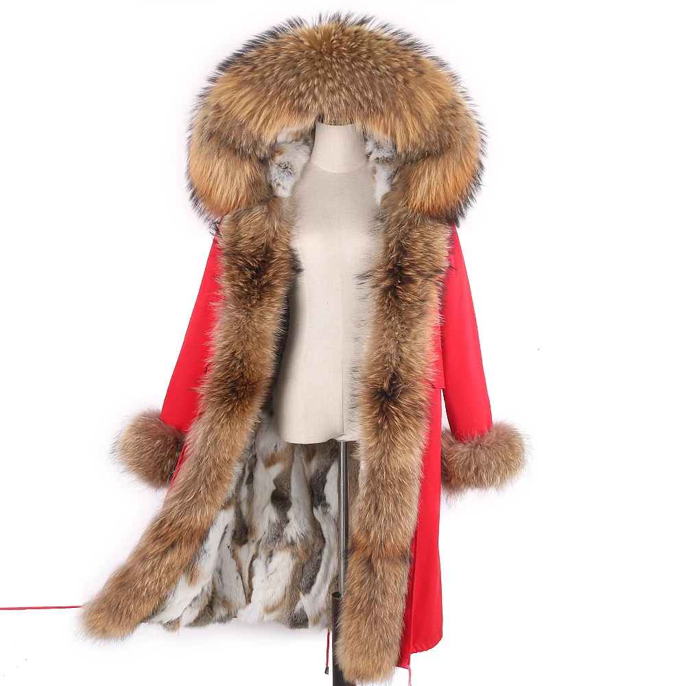 Real Rabbit Fur Coat X-long Natural Fur Jacket Women\'s Winter Parka Waterproof Big Raccoon/Fox Fur Collar Hooded Streetwear New