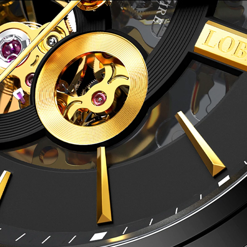 LOBINNI Роскошные мужские часы со скелетом, аналоговые автоматические механические часы с кожаным ремешком, турбийон, наручные часы, водонепроницаемые часы