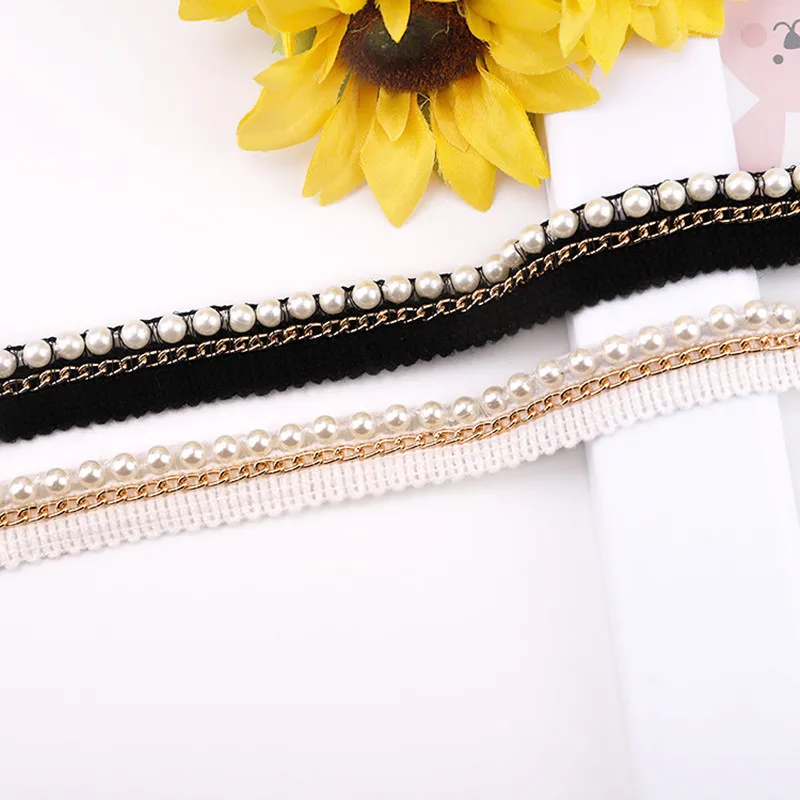 

Fashion Embroidery Pearl Chain Lace Fabric Ribbon Trim DIY Clothes Bag Curtain Sewing Garment Accessories