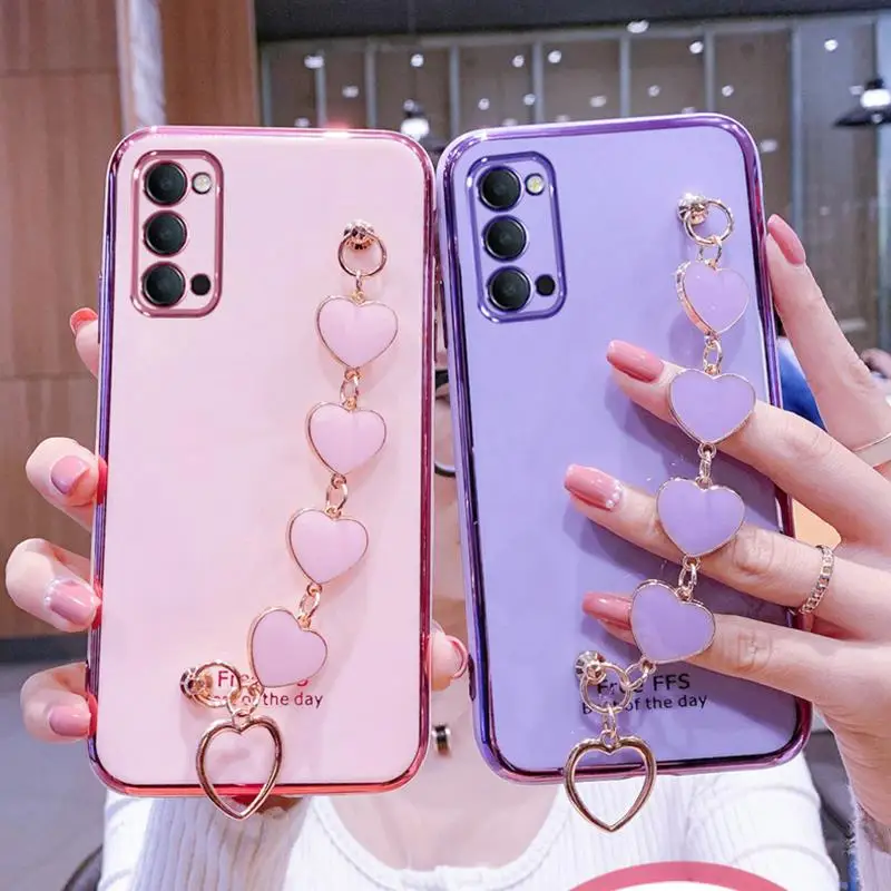 

Wrist Bracelet Phone Case For Oppo Reno4 Pro Case Luxury Love Heart Chain Plating Cover Capa oppo Reno 4Z 4F 4 Pro SE Lite Soft