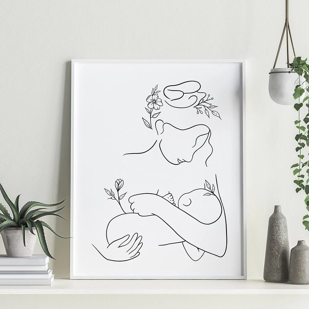 

Mother and Baby Child Art Line Drawing Posters Abstract Minimalist Wall Art Canvas Print Painting Nursery Decorative Pictures