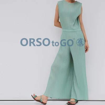 

HOT SELLING Miyake fold Pure color o-neck fashion long jumpsuits wide-legged pants IN STOCK