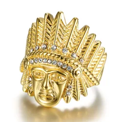 Hip Hop Rhinestones Paved Bling Iced Out Gold Color Stainless Steel Indian Chief Rings for Men Rapper Jewelry