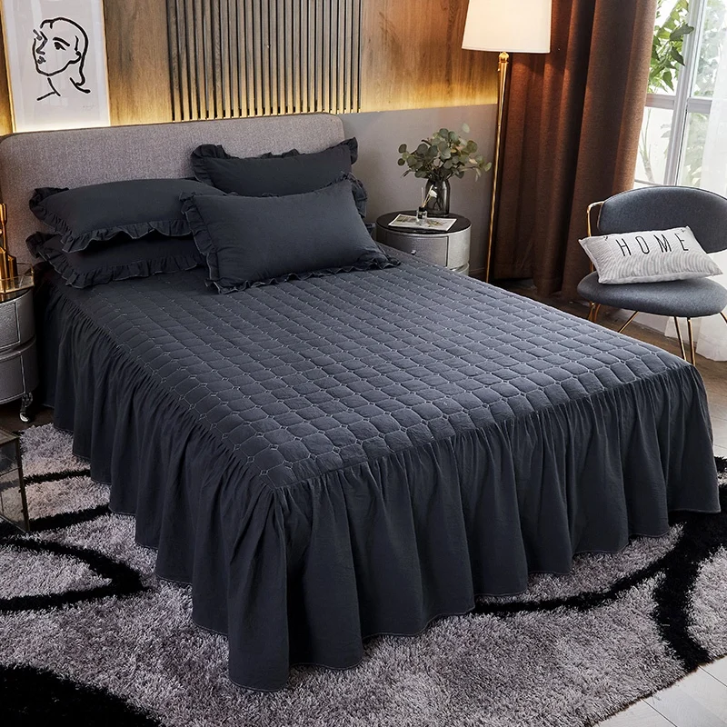 

Black Washed Cotton Bedding Bedspread Pillowcases Solid Color Mattress Cover Bedskirt Sheet Home Textile 180x200 Bed Cover