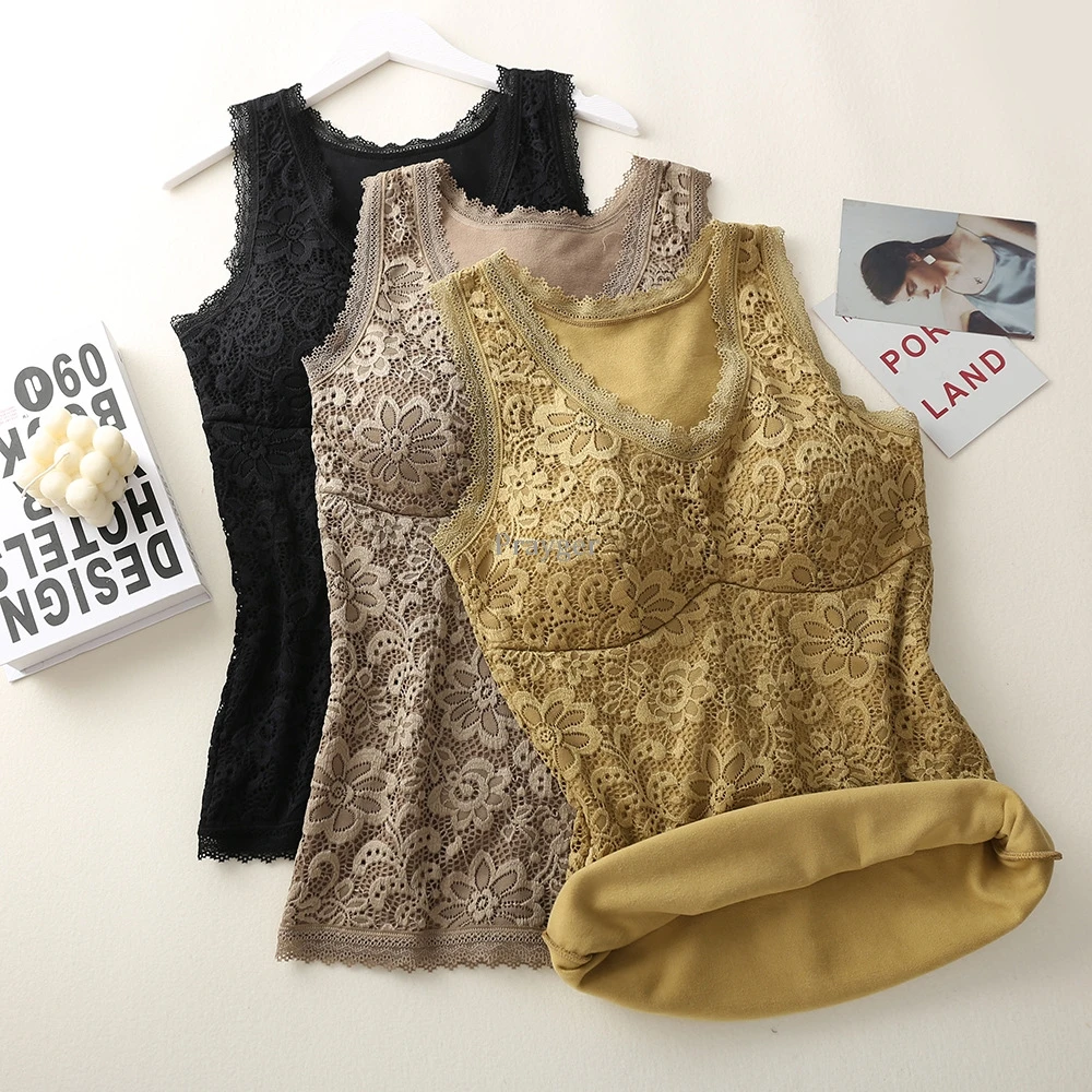 Women Thermal Underwear Winter Warm Body Tops Slim Waist Vest Lace Removable Pads