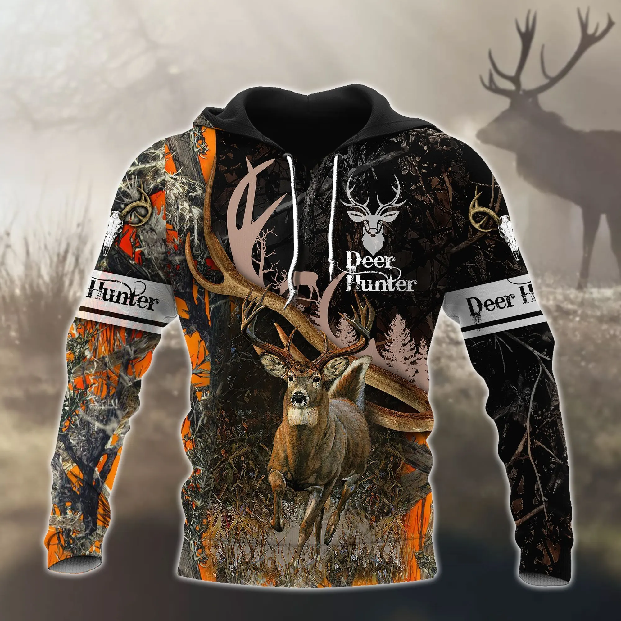 Hunting Deer Black Camo 3D Printed Fashion Mens Autumn Hoodie Sweatshirt Unisex Streetwear Casual Zip Jacket Pullover KJ544