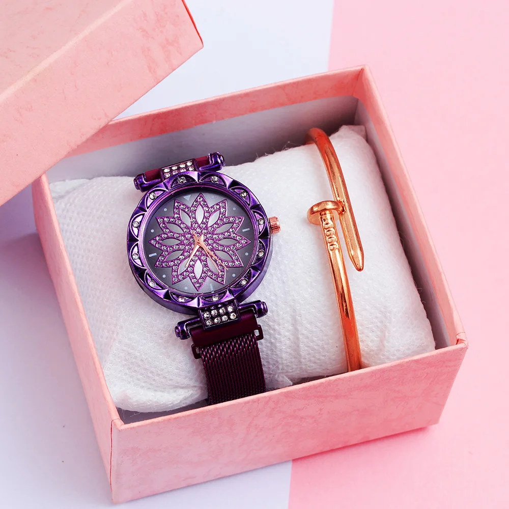 Women Magnet Watch Purple Lucky Flower Watch Plush Diamond Female Clock Ladies Stainless Steel Quartz Watches Relogio Feminino