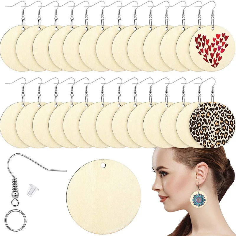 50 Pieces Unfinished Wooden Earrings Pendants Blank Round and Tapered Cutout Pendants Jewelry Making DIY Crafts