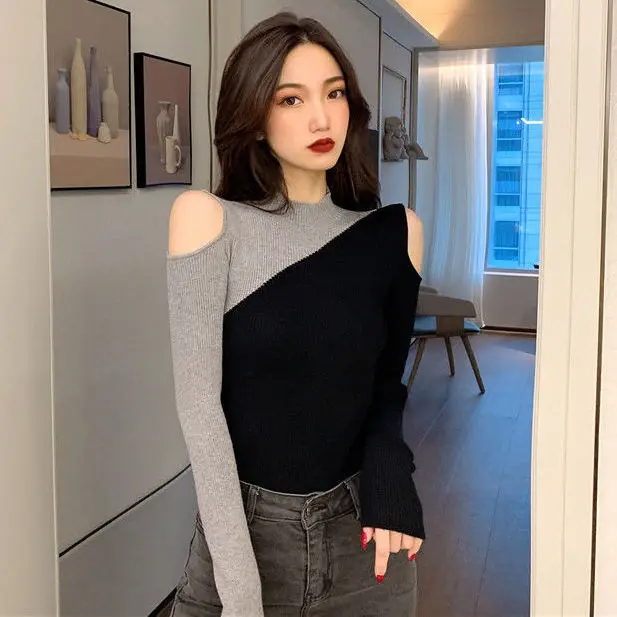 Woman Sweaters Pull Hiver Retro Autumn and Winter Shoulder-Baring Sweater Female Splicing Pullover Sexy Top Femme Chandails