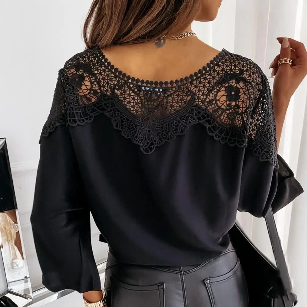 Elegant Women Blouse Solid Color Lace Patchwork Autumn Winter Shirts Hollow Out Long Sleeve O Neck Office Ladies Blouse Top