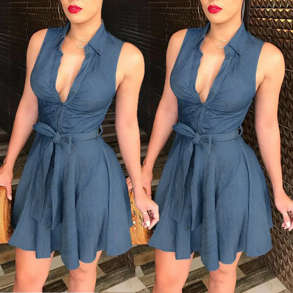 

2021 Autumn Sexy v-neck Dresses for Ladies Women Summer Casual sleeveless button mini dress Demin dress Clubwear vestido