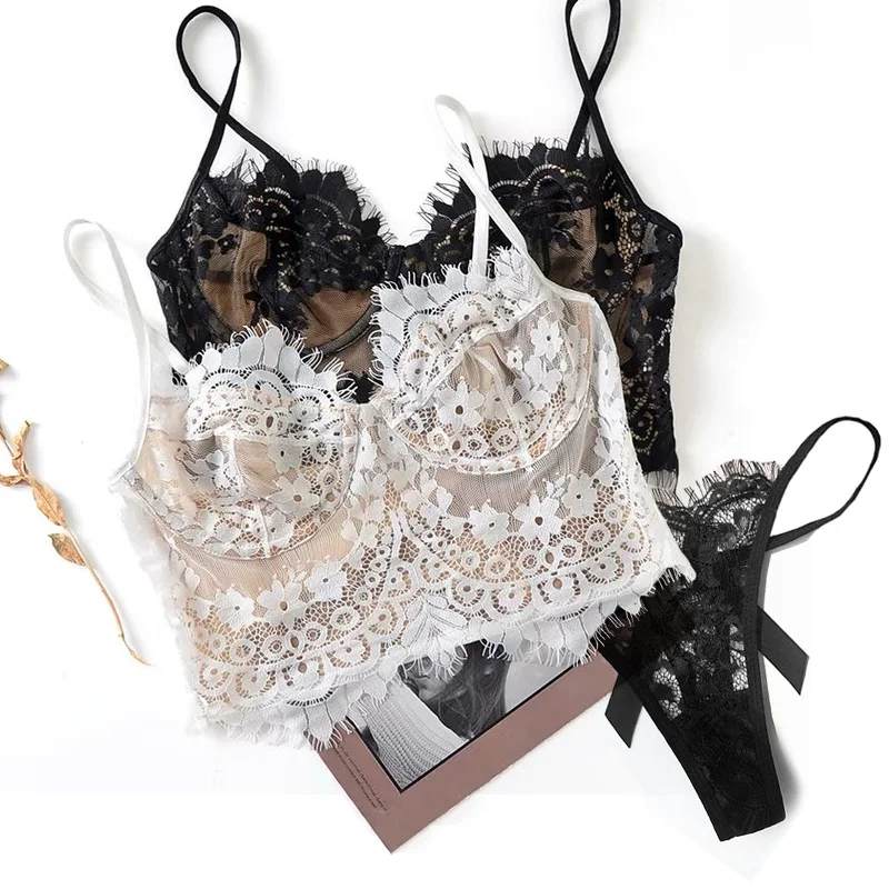 Laço estilingue sutiã com calcinha conjunto seção fina seios grandes sexy tentação lingerie confortável colete conjunto de roupa interior