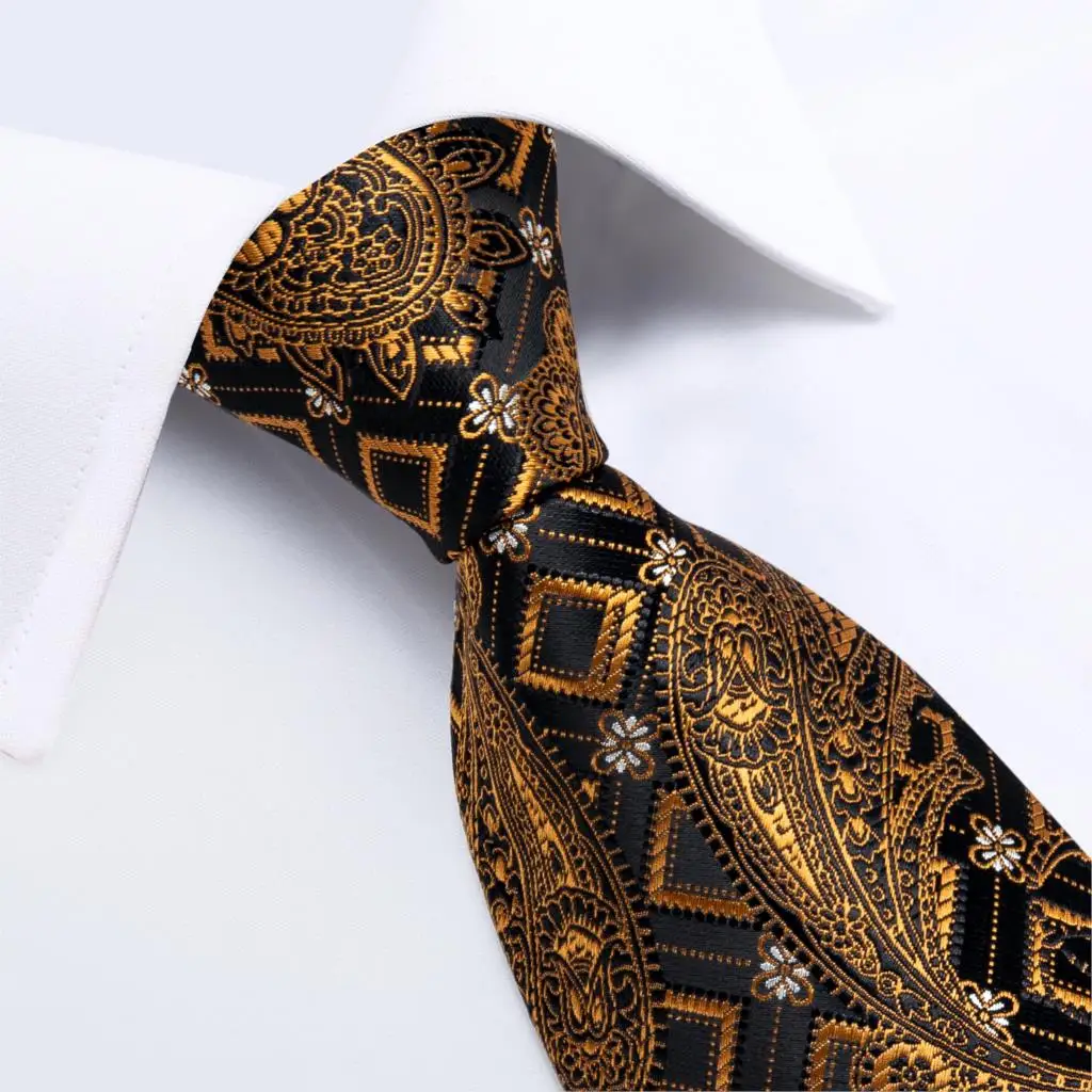 Gift Men Tie Gold Black Striped Paisley Silk Wedding Tie For Men DiBanGu Design Hanky Cufflink Quality Men Tie Set Dropshipping