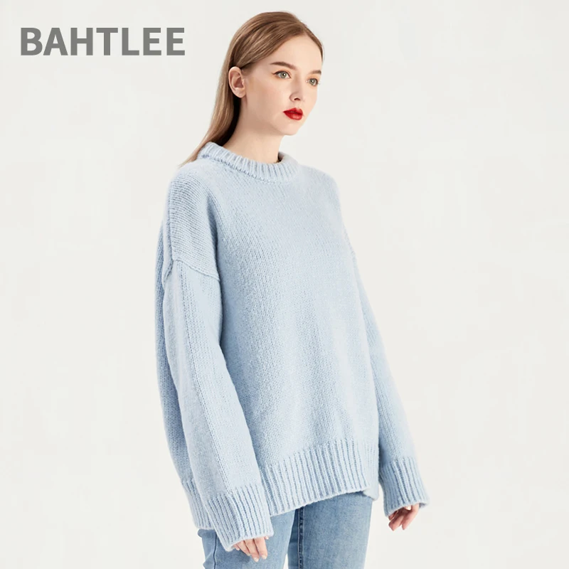 BAHTLEE-Women\'s Mohair Wool Knitted Pullovers, Long Sleeves, Loose Sweater, Coarse Yam, O-Neck, Thick, Keep Warm, Winter, Autumn