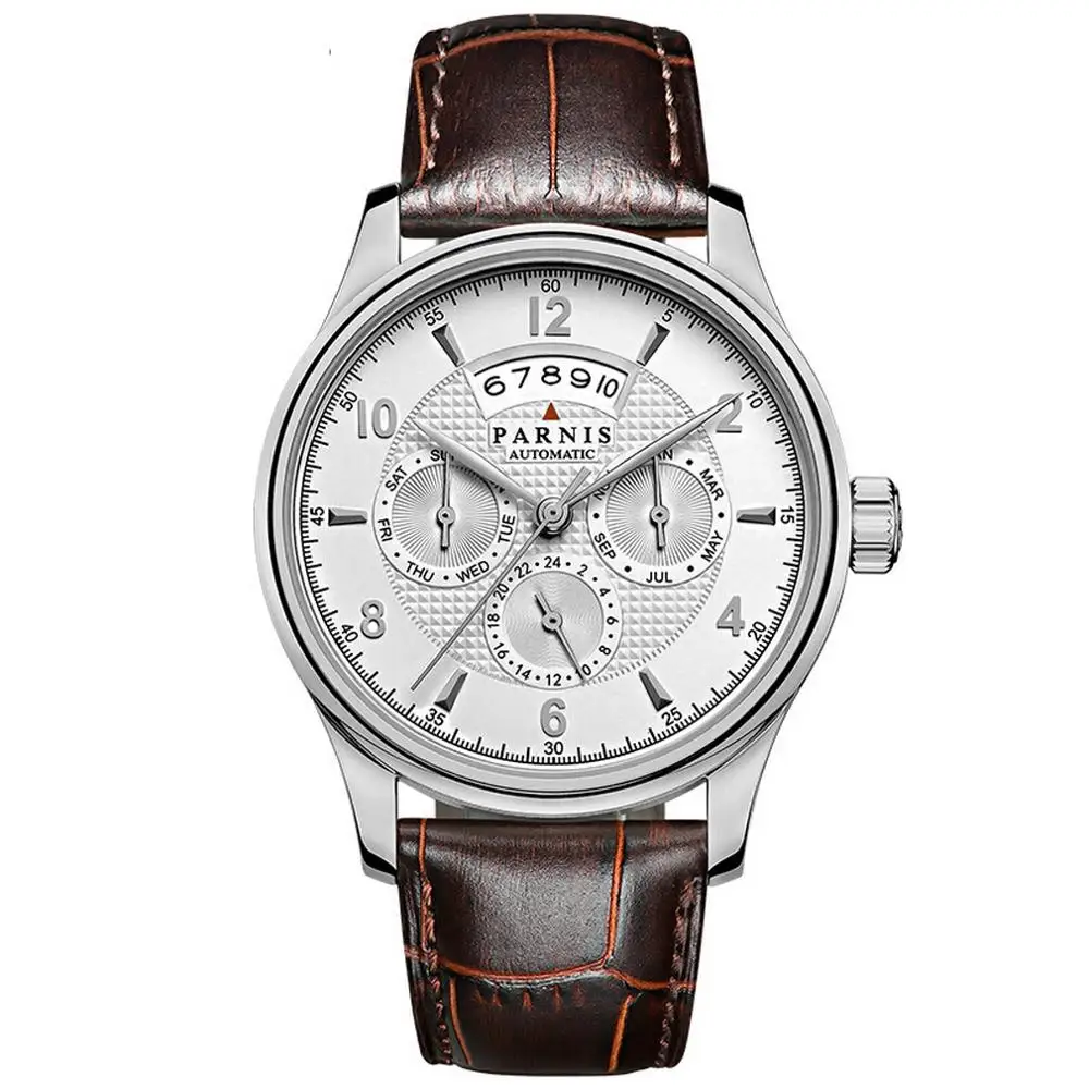 fashion men luxury watch,mens automatic watches PARNIS man mechanical wristwatch waterproof clock sapphire relogio leather strap