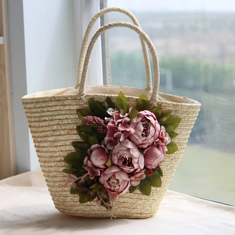 Bolso de playa de paja de flores para mujer, traje de sombrero de playa, peonía rosa, ratán, bolso de mano informal, moda de vacaciones, verano