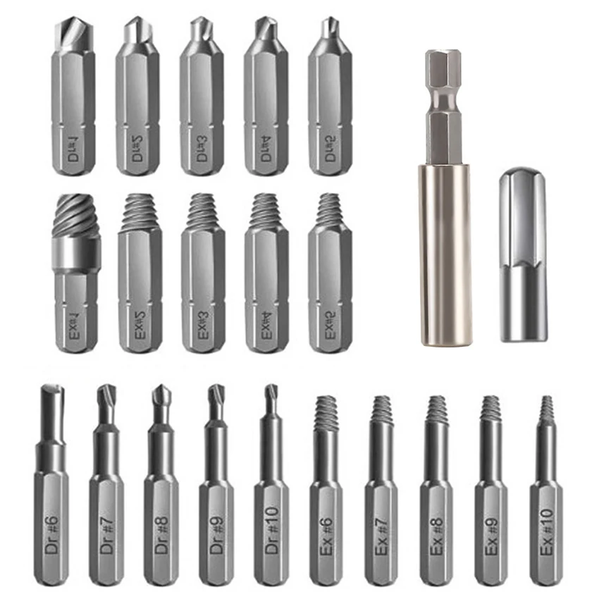 22PCS/Set Screw Extractor/Drill Bit Set with Bit Holder, Socket Adapter, 6.35mm & 4mm Shank, Broken Screw Extractor