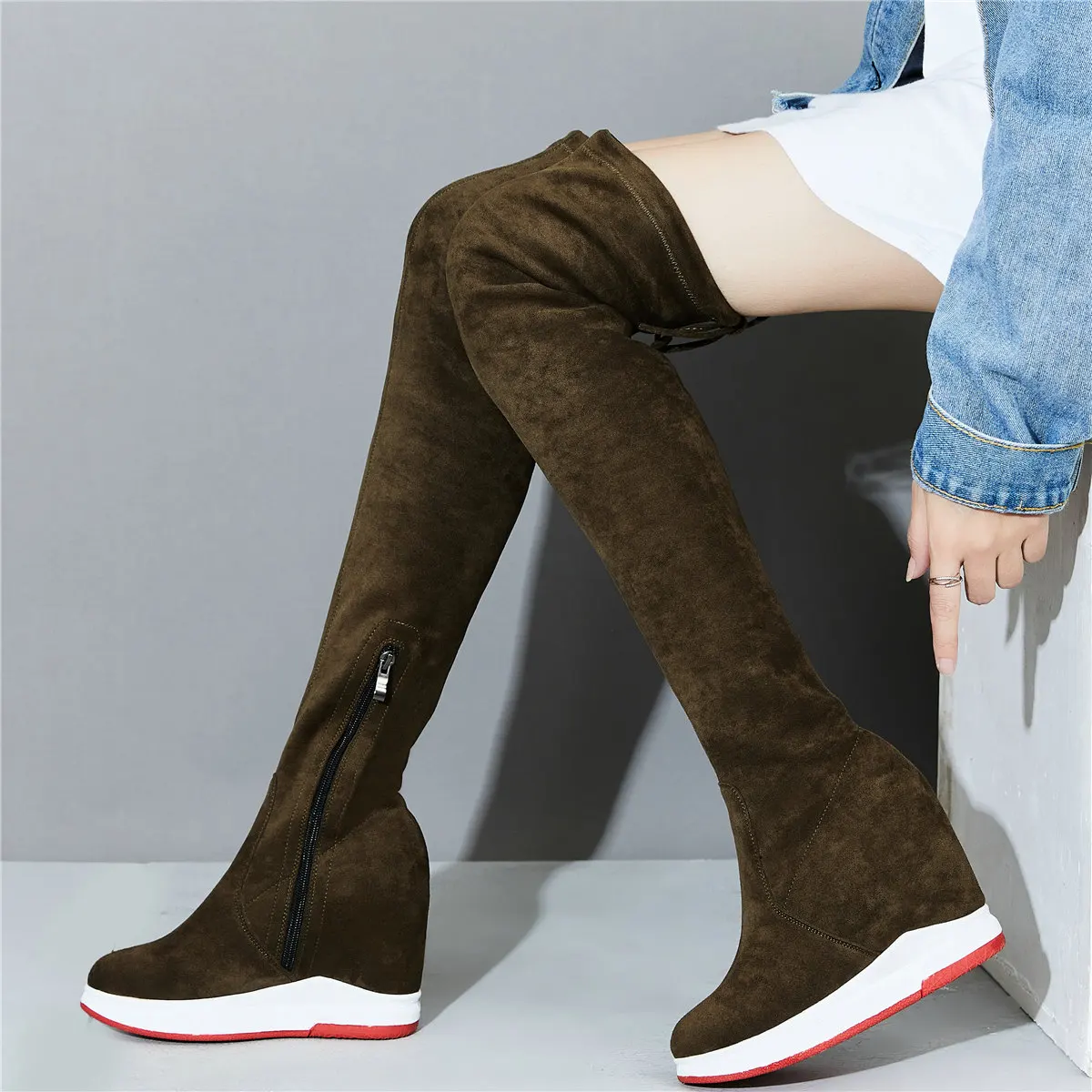 

2023 Platform Pumps Shoes Women Stretchy Velvet Wedges High Heel Boots Female Round Toe Thigh High Fashion Sneakers Casual Shoes