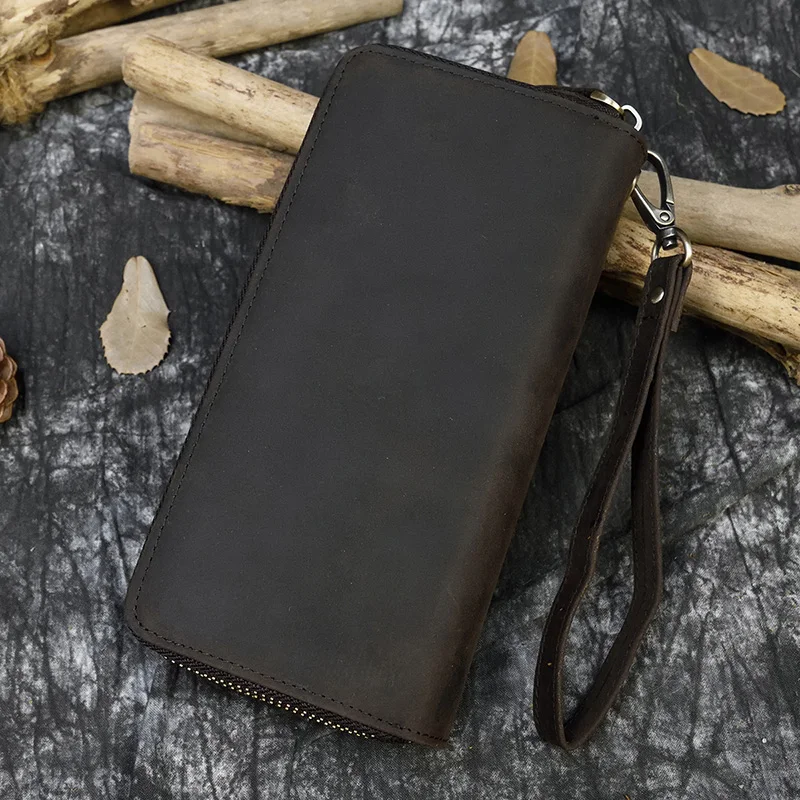 Men Double zipper crazy horse leather long wallet 24 card holder Big Zip around genuine leather clutch purse phone coin pocket