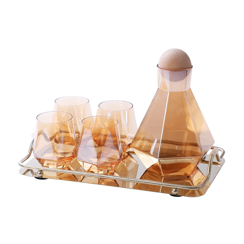 JINYOUJIA-Geometry Glass Water Kettle with Natural Wood Ball Lid, Clear Cold Water Jug, Juice Beverage Pitcher, Home Drinkware