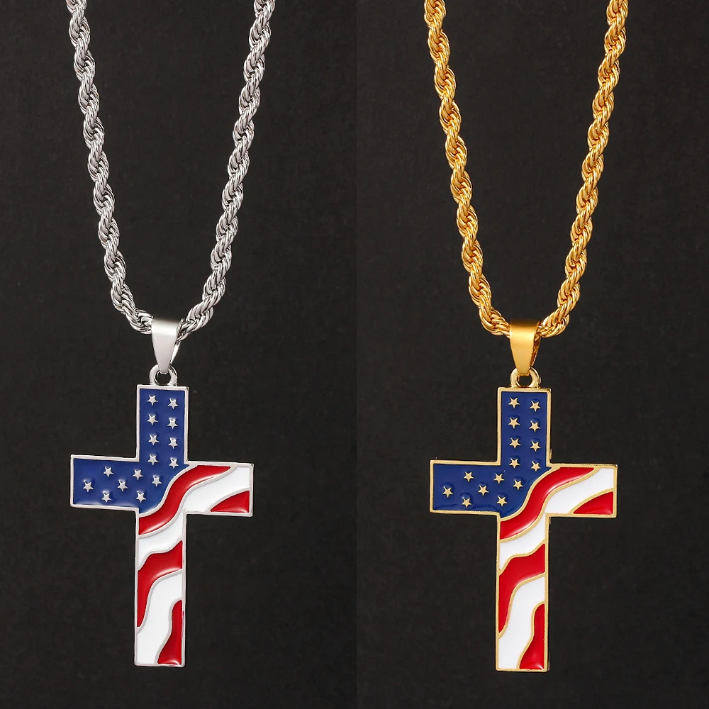 American Flag Cross Necklaces Gold Silver Color Enamel Cross Pendant Jesus Religion Necklaces Jewelry Amulet Gifts For Christian